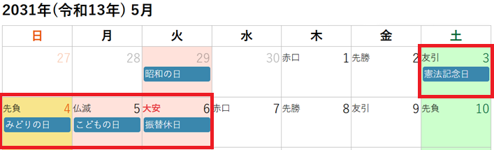 2031年(令和13年)5月のゴールデンウィークカレンダー