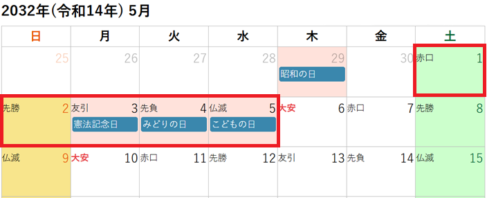 2032年(令和14年)5月のゴールデンウィークカレンダー