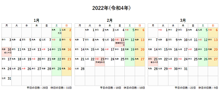 2022年(令和4年)の年間カレンダー印刷用PDF六曜あり
