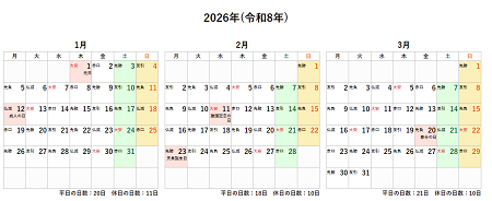 2026年(令和8年)の年間カレンダー印刷用PDF六曜あり