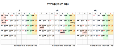 2029年(令和11年)の年間カレンダー印刷用PDF六曜あり
