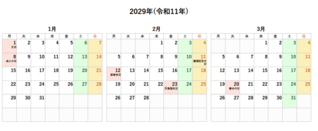 2029年(令和11年)の年間カレンダー印刷用PDF六曜なし